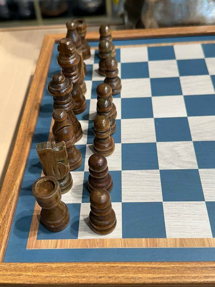 Handmade Wooden Chess Set, Blue and White 