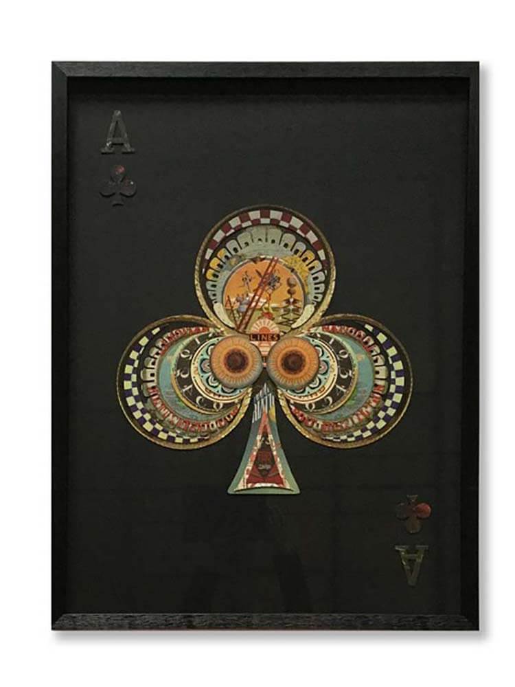 Ace of Clubs 3D collage wall art with black bevelled frame and glass case, 100cm tall playing card decor for modern interiors.