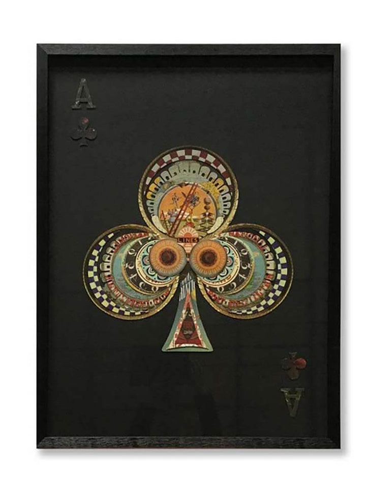 Ace of Clubs 3D collage wall art with black bevelled frame and glass case, 100cm tall playing card decor for modern interiors.