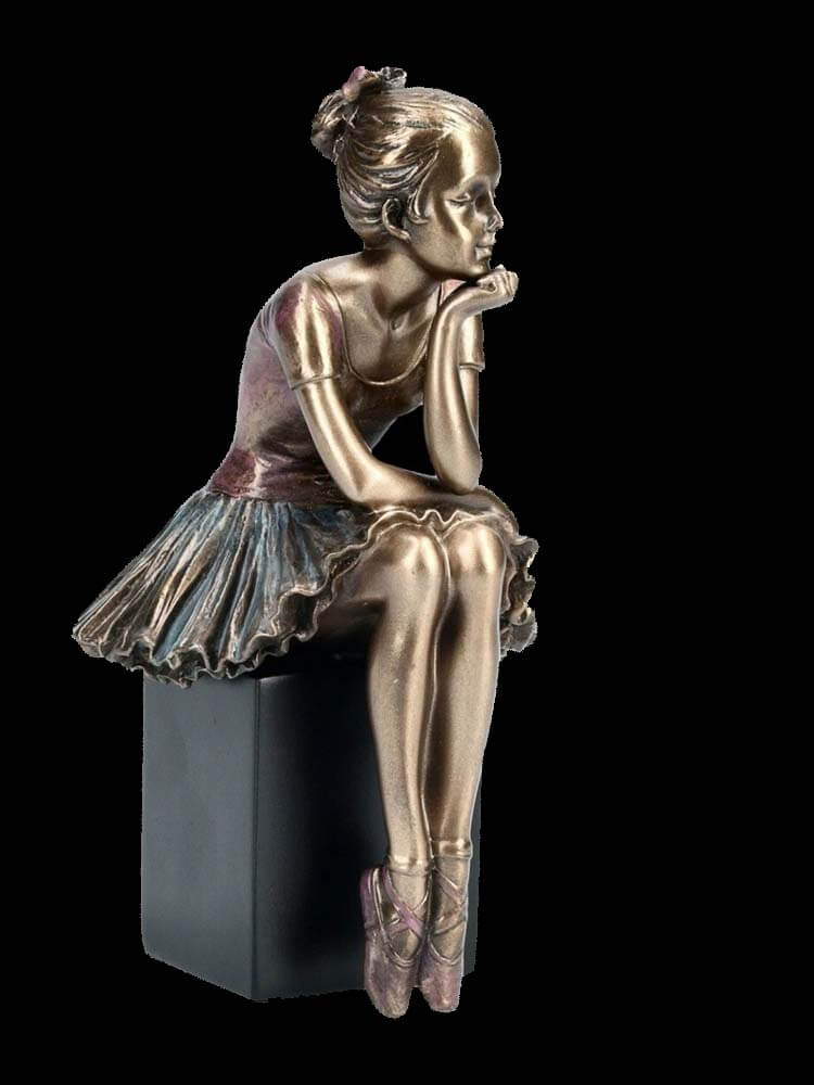 Bronze statue of a ballerina sitting on a pedestal - L’attente” (The Waiting)