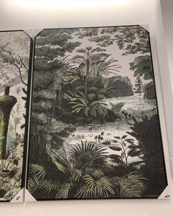Framed tropical landscape artwork 