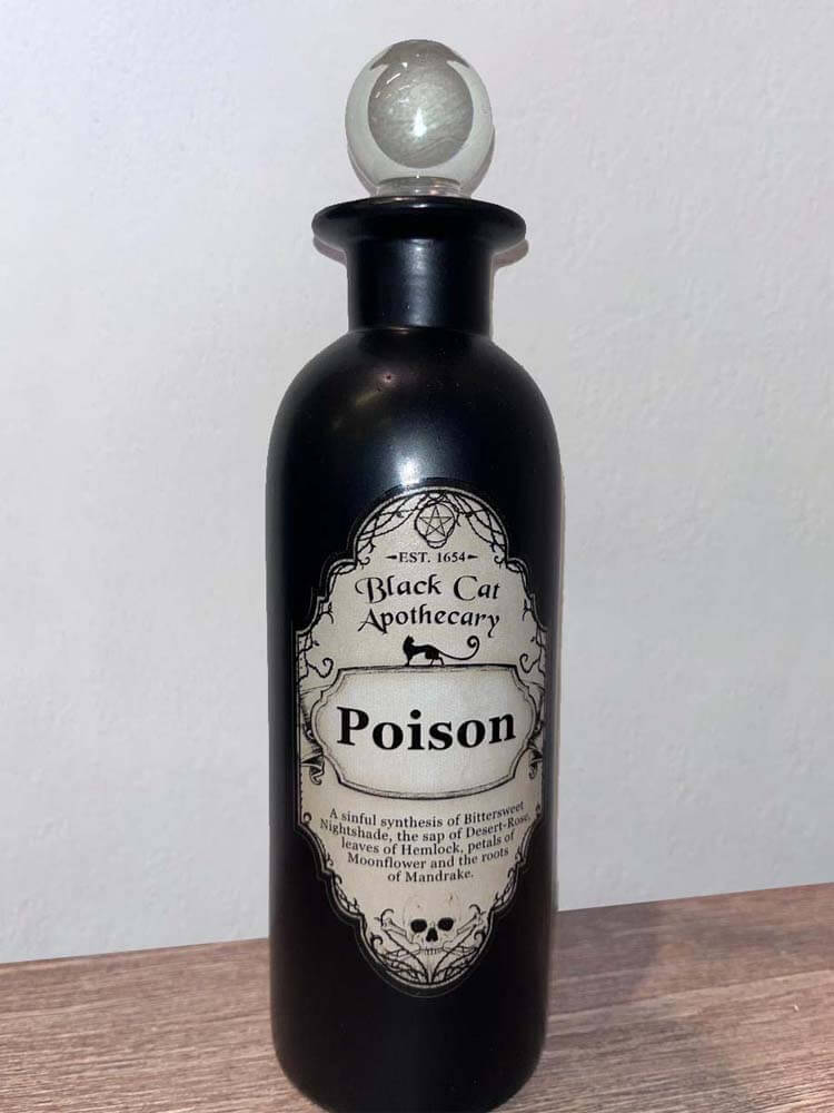 Vintage style Black Cat Apothecary glass potion bottle labelled Poison
