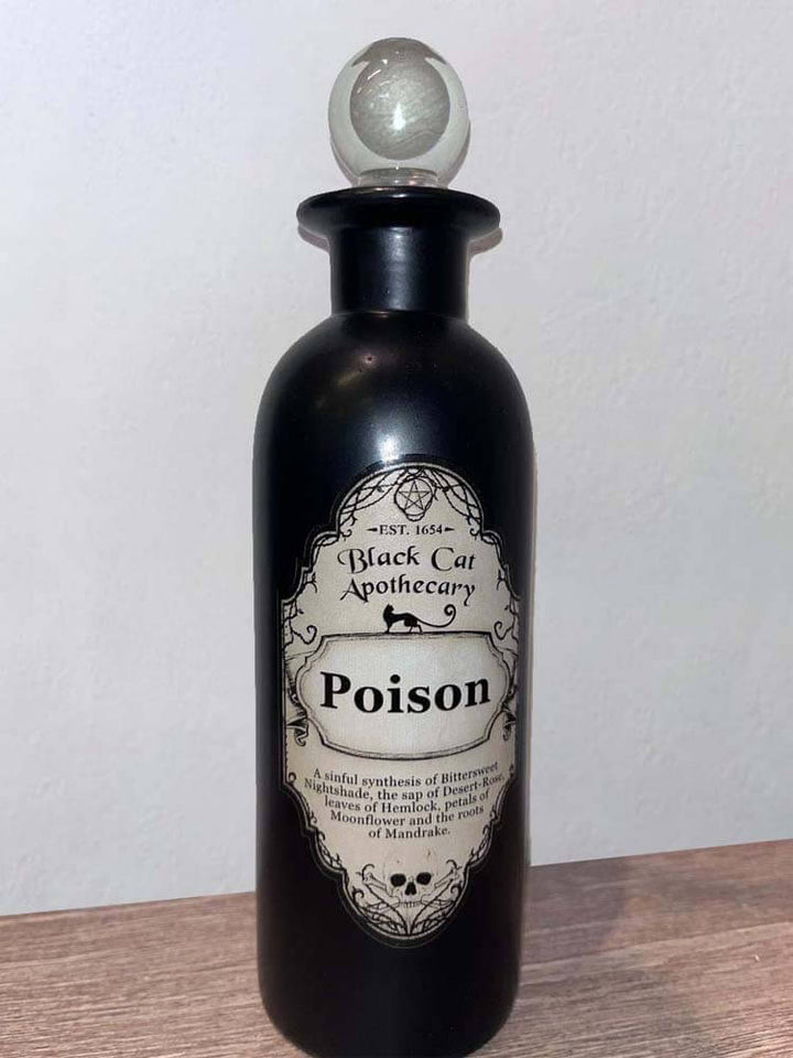 Vintage style Black Cat Apothecary glass potion bottle labelled Poison