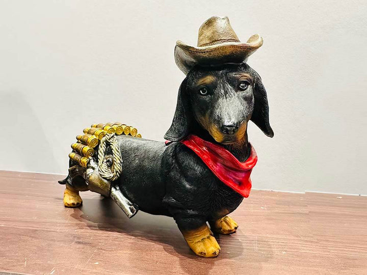 Whimsical sausage dog ornament in a military general outfit, perfect for funny animal décor and bookshelf styling