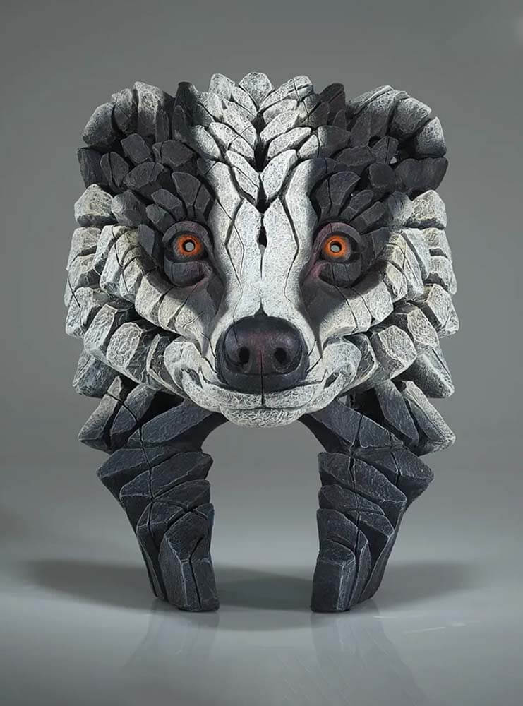 Hand-painted Badger Bust sculpture by Matt Buckley for Edge Sculpture, contemporary British wildlife art by TDH Luxury Lifestyle