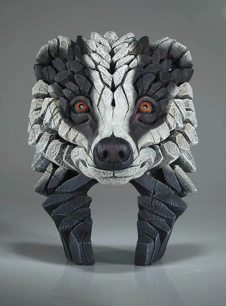 Hand-painted Badger Bust sculpture by Matt Buckley for Edge Sculpture, contemporary British wildlife art by TDH Luxury Lifestyle