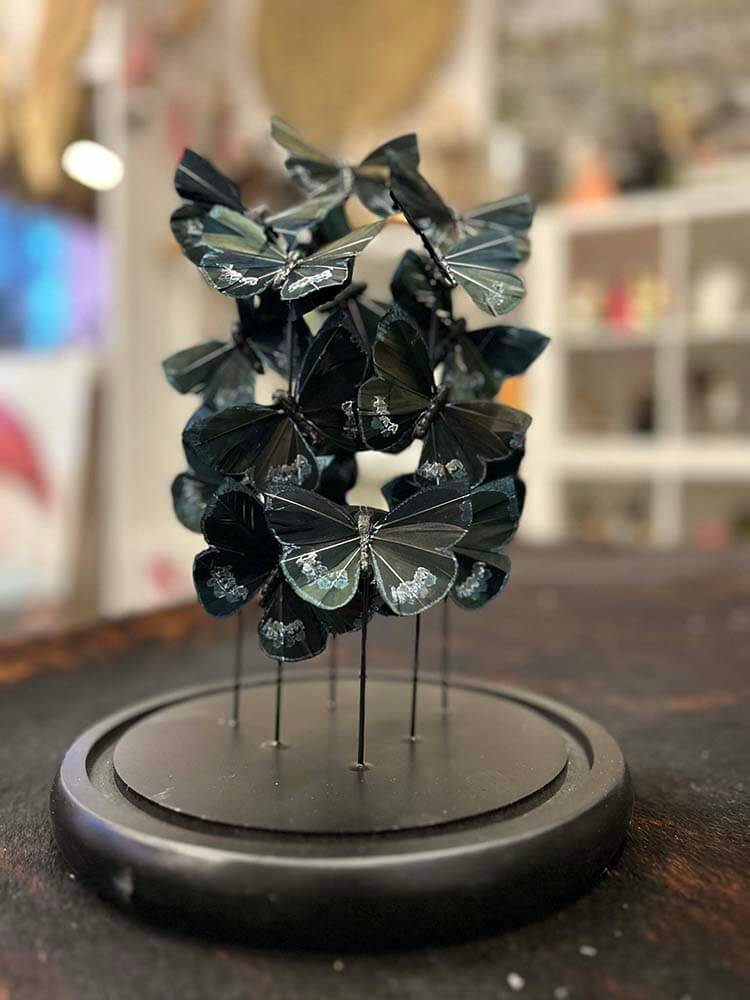 Stunning blue butterfly glass dome, Bright blue, black and touch of silver, artificial butterfly home decor, Butterfly dome