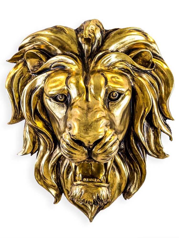 A golden lion head wall sculpture