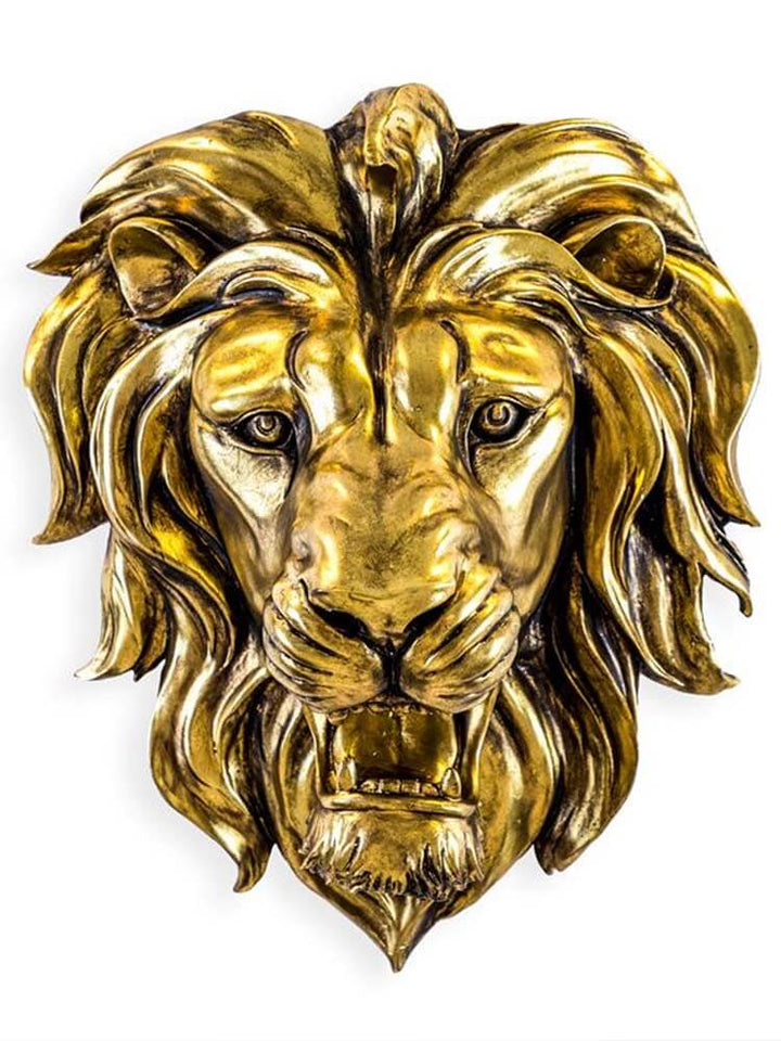 A golden lion head wall sculpture