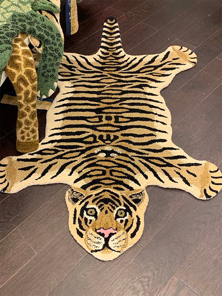 hand-tufted rug, wool rug, tiger rug, animal head rug, handmade in India, artisanal rug, New Zealand wool, Drowsy rug