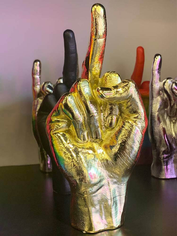 Fuck You Middle Finger hand symbol, gold hand sculpture, silver hand, hand gesture signs