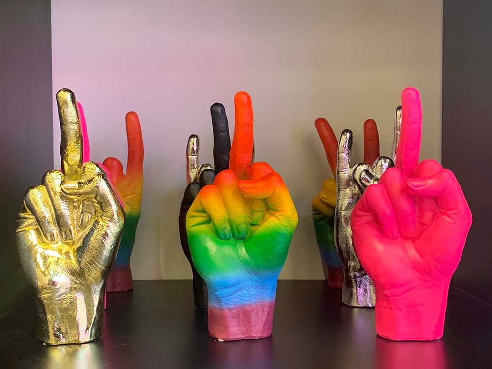 Fuck You Middle Finger hand symbol, Pride month gift ideas, rainbow colour hand gesture signs