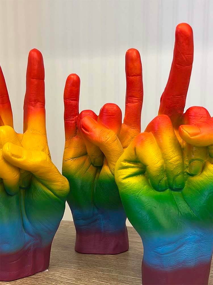 Pride month souvenirs, Rainbow Colour hand gesture signs,  middle finger sculpture