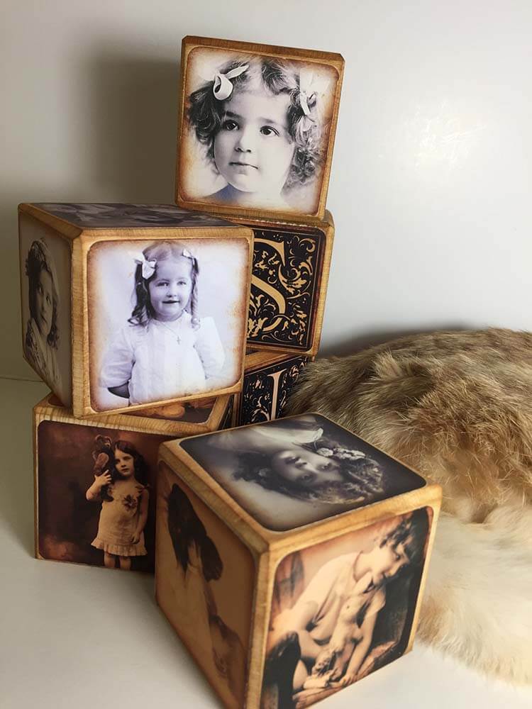 Personalised Wooden Blocks, Vintage Photo Postcard Blocks