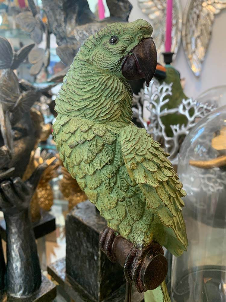 Parrot on perch ornament, Green Parrot figurine 