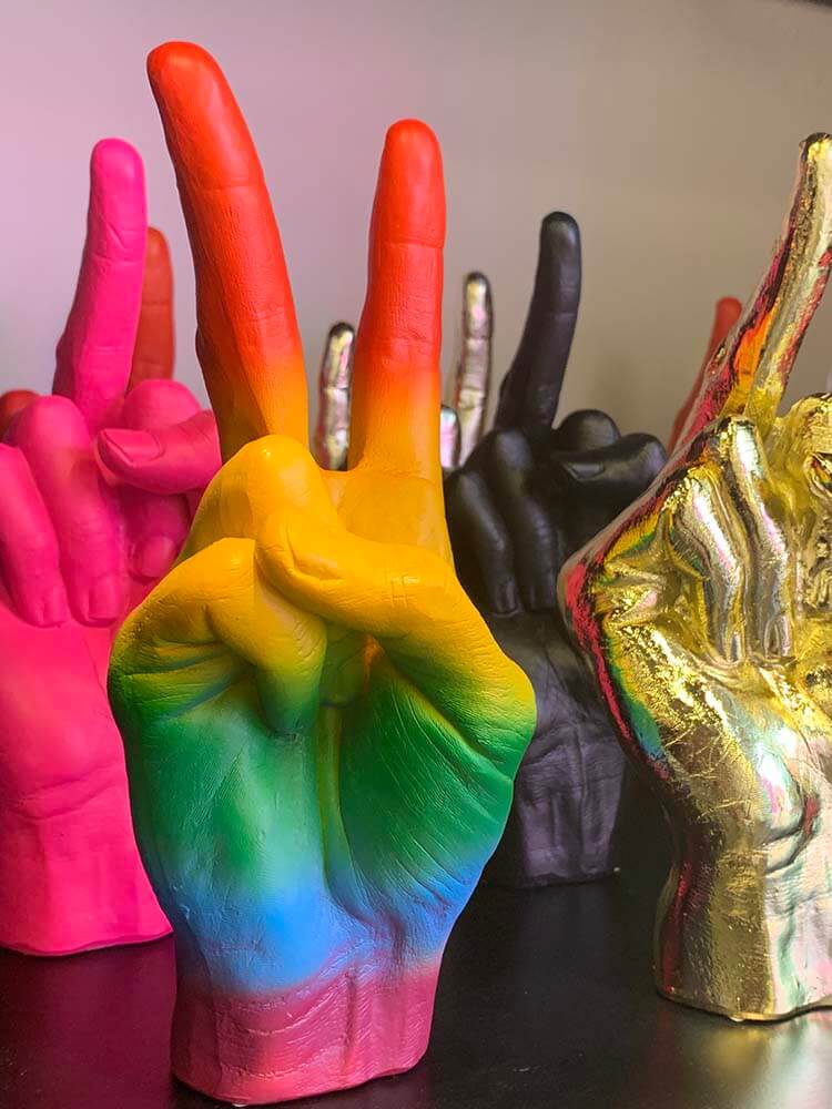 PEACE, V is for victory, hand symbol, Pride month gift ideas, rainbow colour hand gesture signs