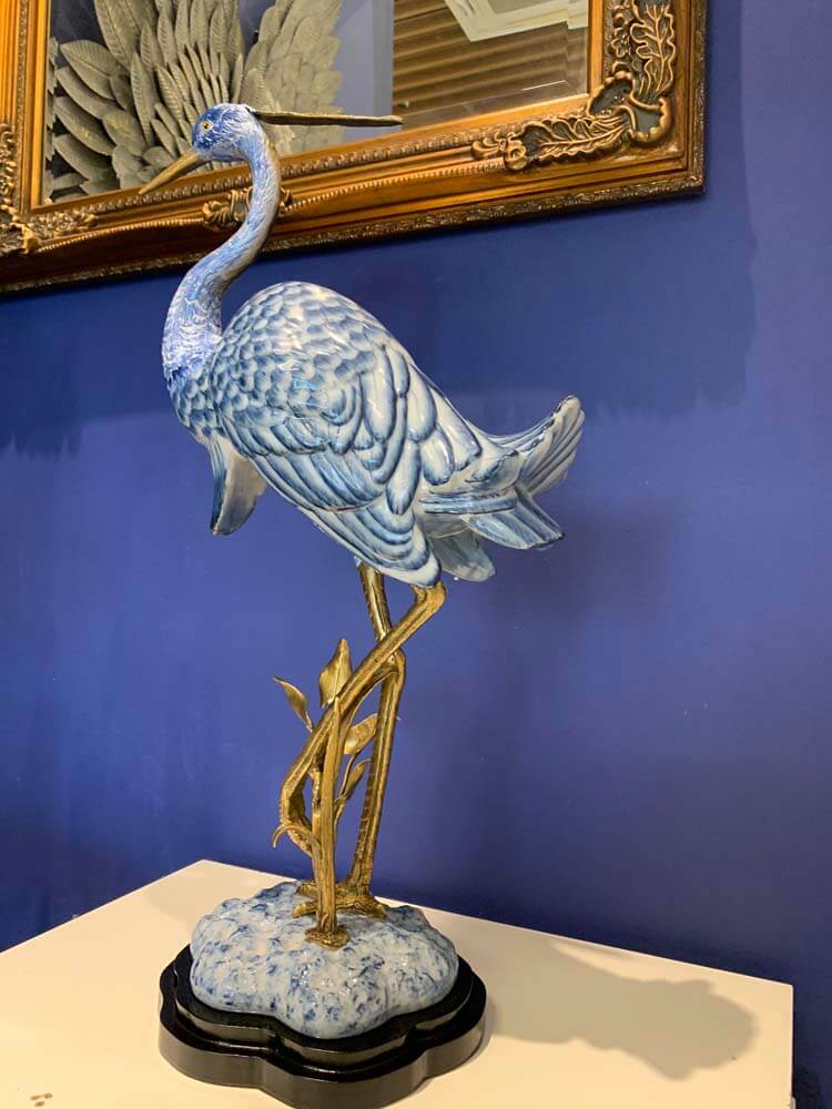 blue heron bird ornament, porcelain and bronze heron sculpture