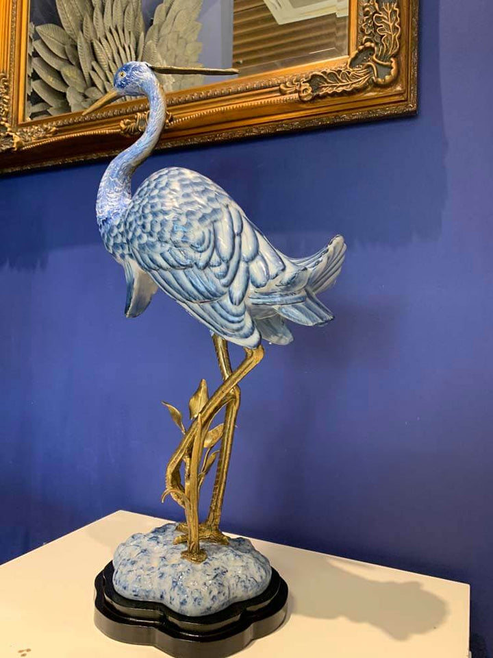 blue heron bird ornament, porcelain and bronze heron sculpture