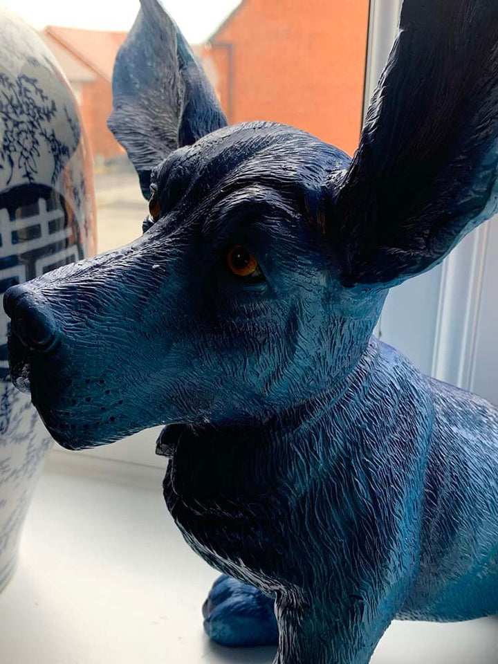 Blue Basset Ornament, Surprised Basset Dog Statue, Electric Blue