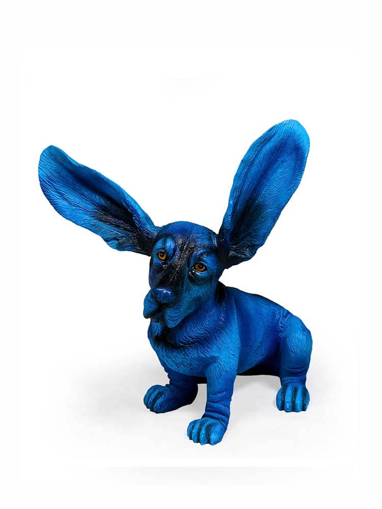 Blue Basset Ornament, Surprised Basset Dog Statue, Electric Blue