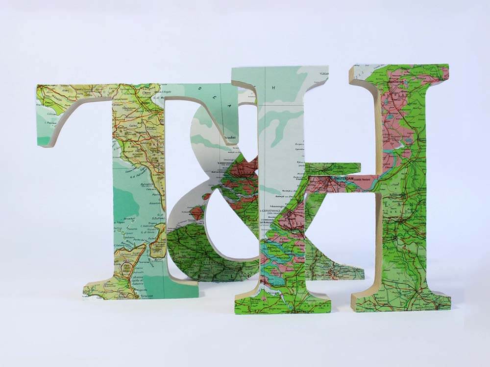Map location wooden map covered pine wood letter, wedding anniversary gift, map topped letters