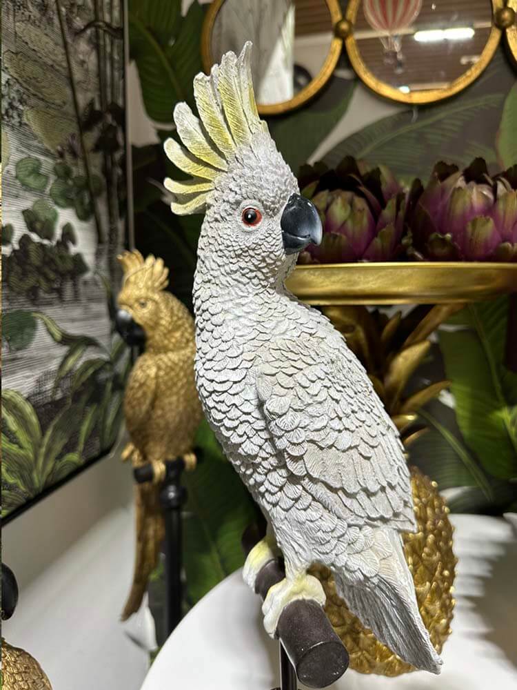 White Cockatoo Bird Figurine , White Cockatoo Ornament, perched on a stand,