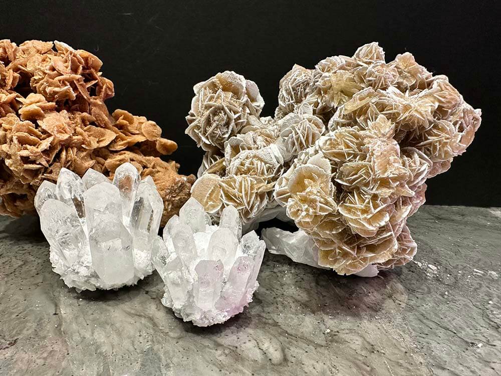 desert rose crystal, clear quartz crystal, calcite crystals by The Dutch Hospital gemstone collection 