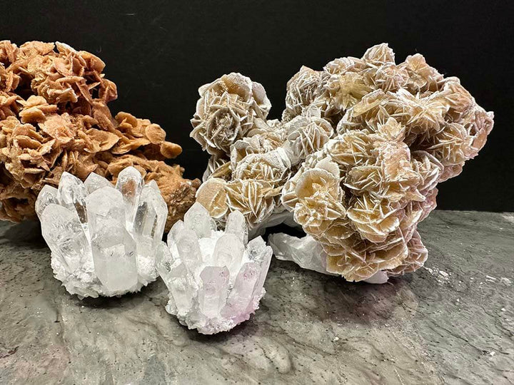 desert rose crystal, clear quartz crystal, calcite crystals by The Dutch Hospital gemstone collection 