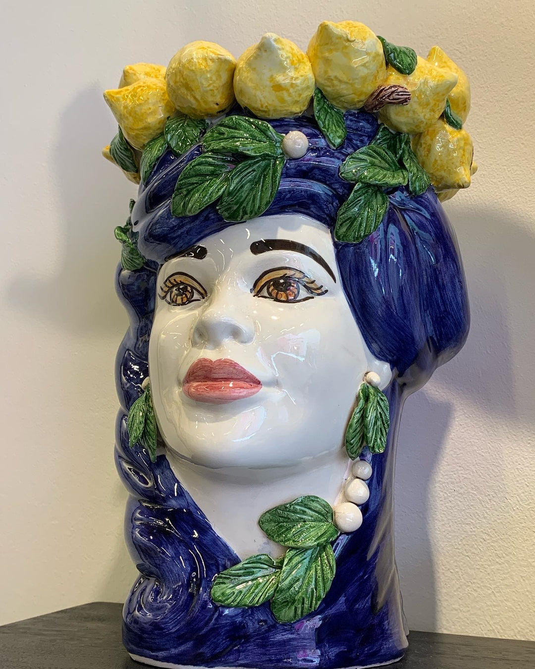Sicilian Moro Heads, blue yellow lemon head vase 