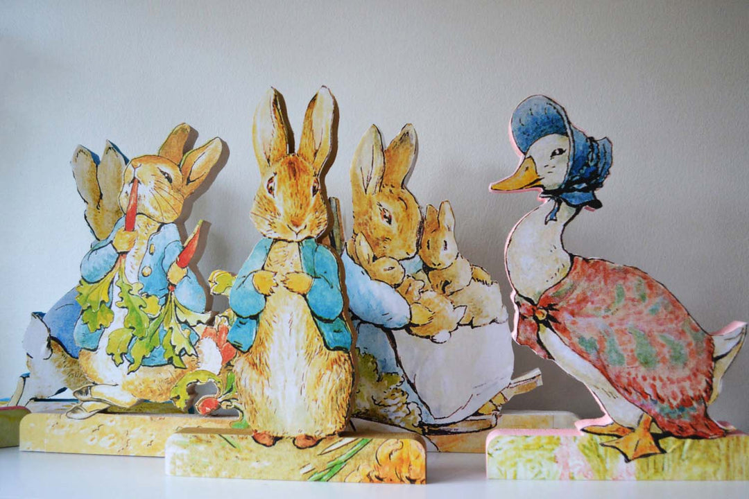 Beatrix Potter Figuring, Peter Rabbit, Jemima Duck, Table Centrepiece, Free Standing Wooden Figures, 25cm