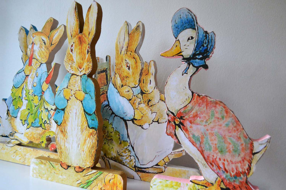 Beatrix Potter Figuring, Peter Rabbit, Jemima Duck, Table Centrepiece, Free Standing Wooden Figures, 25cm