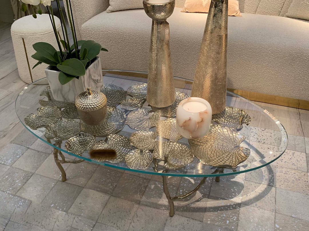 Gold Lotus Lily Pad Table, Glass Top Coffee Table