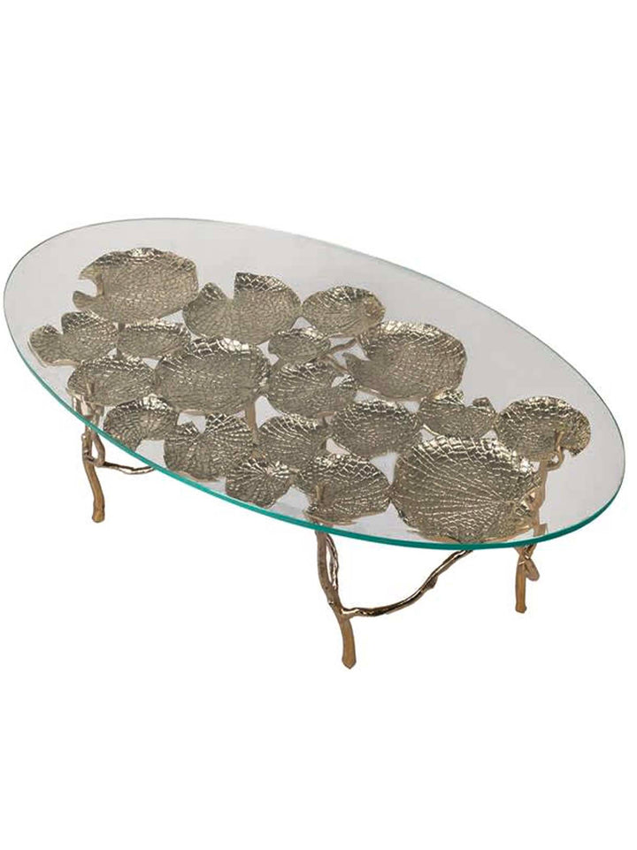 Gold Lotus Lily Pad Table, Glass Top Coffee Table