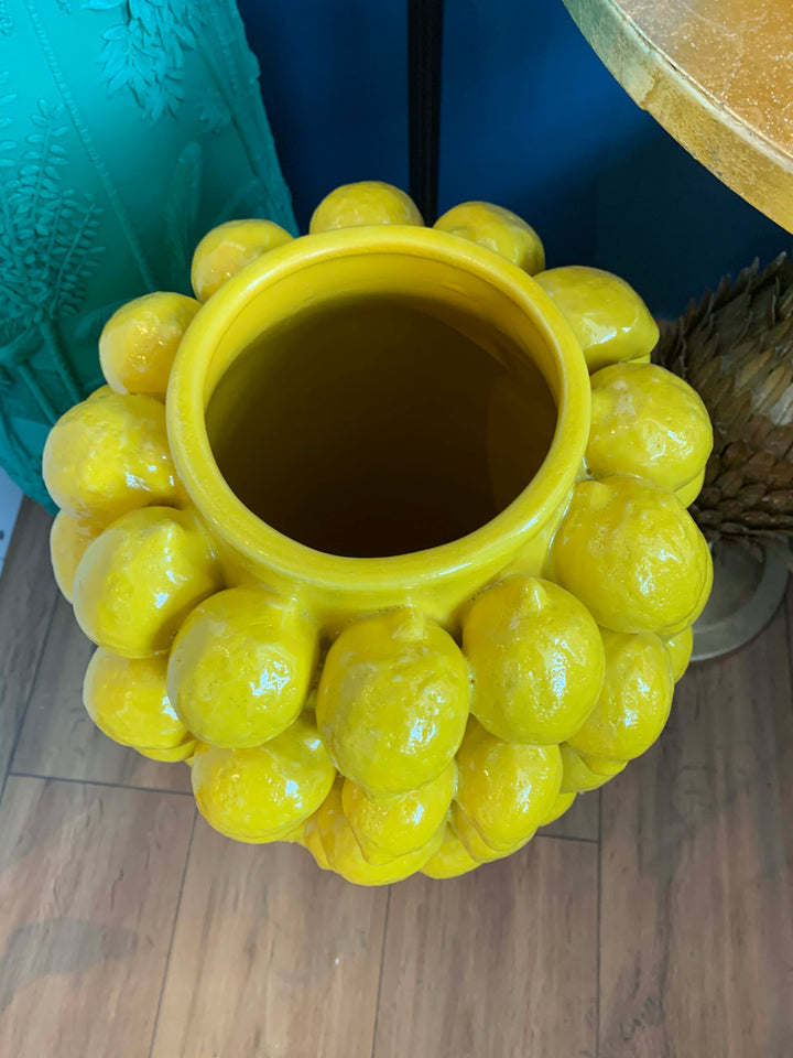 yellow lemon vase, yellow glazed ceramic vase, lemon vase large, Citron Vase of Glazed Yellow Ceramic 