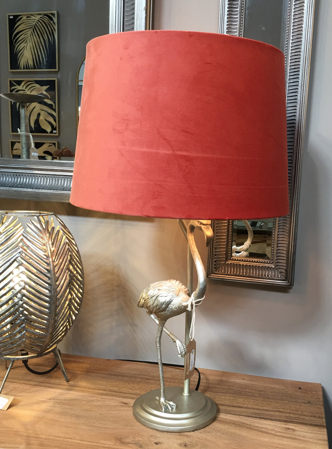 Flamingo Table lamp – Antique Silver Flamingo Lamp  – Coral Velvet Shade  – Table Lamp