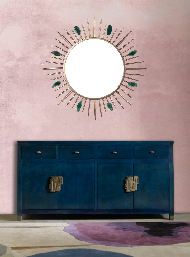 Green Agate Stone Sunburst Wall Mirror, Natural Green Agate