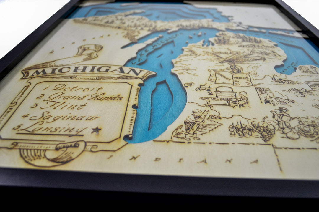Topographic Wood Map Laser Engraved : Michigan