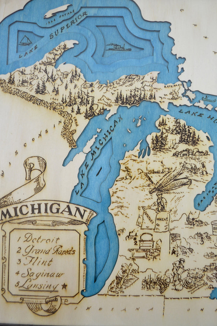 Topographic Wood Map Laser Engraved : Michigan