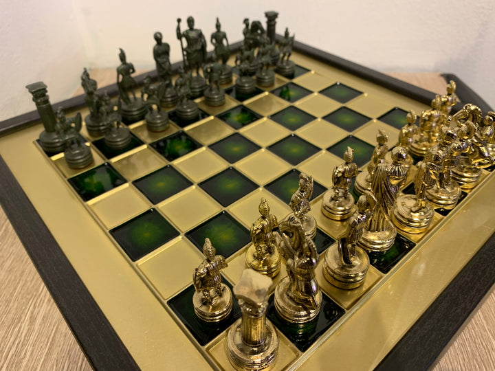 Manopoulos Greek Roman Chess Set - Gold & Green Chessmen on Bronze Board 