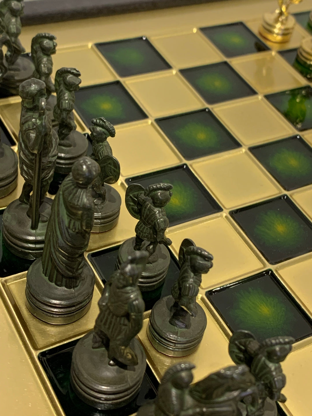 Greek Roman Period Metal Chess Set, Small Chess Set in Gold, Green and Brass, 30cm x 30cm