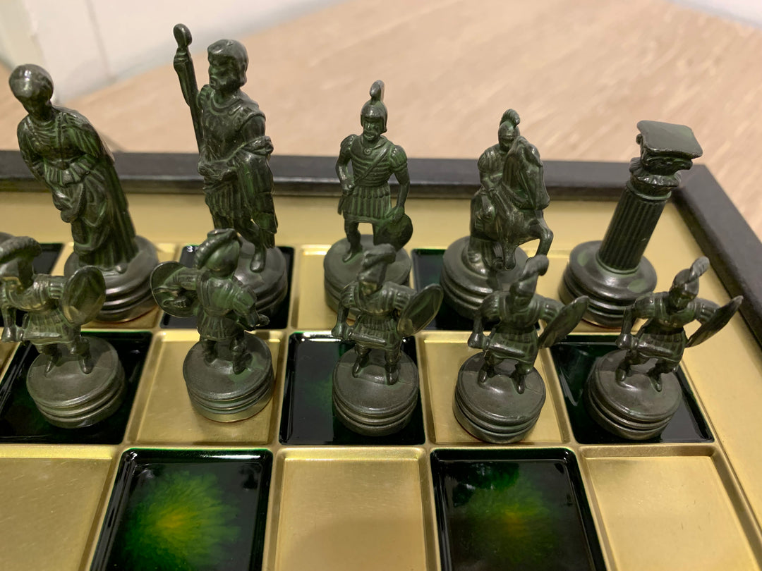 Greek Roman Period Metal Chess Set, Small Chess Set in Gold, Green and Brass, 30cm x 30cm