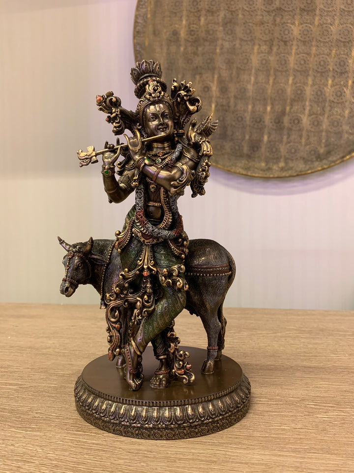 Lord Krishna and The Cow,  Hindu Statue, 28cm