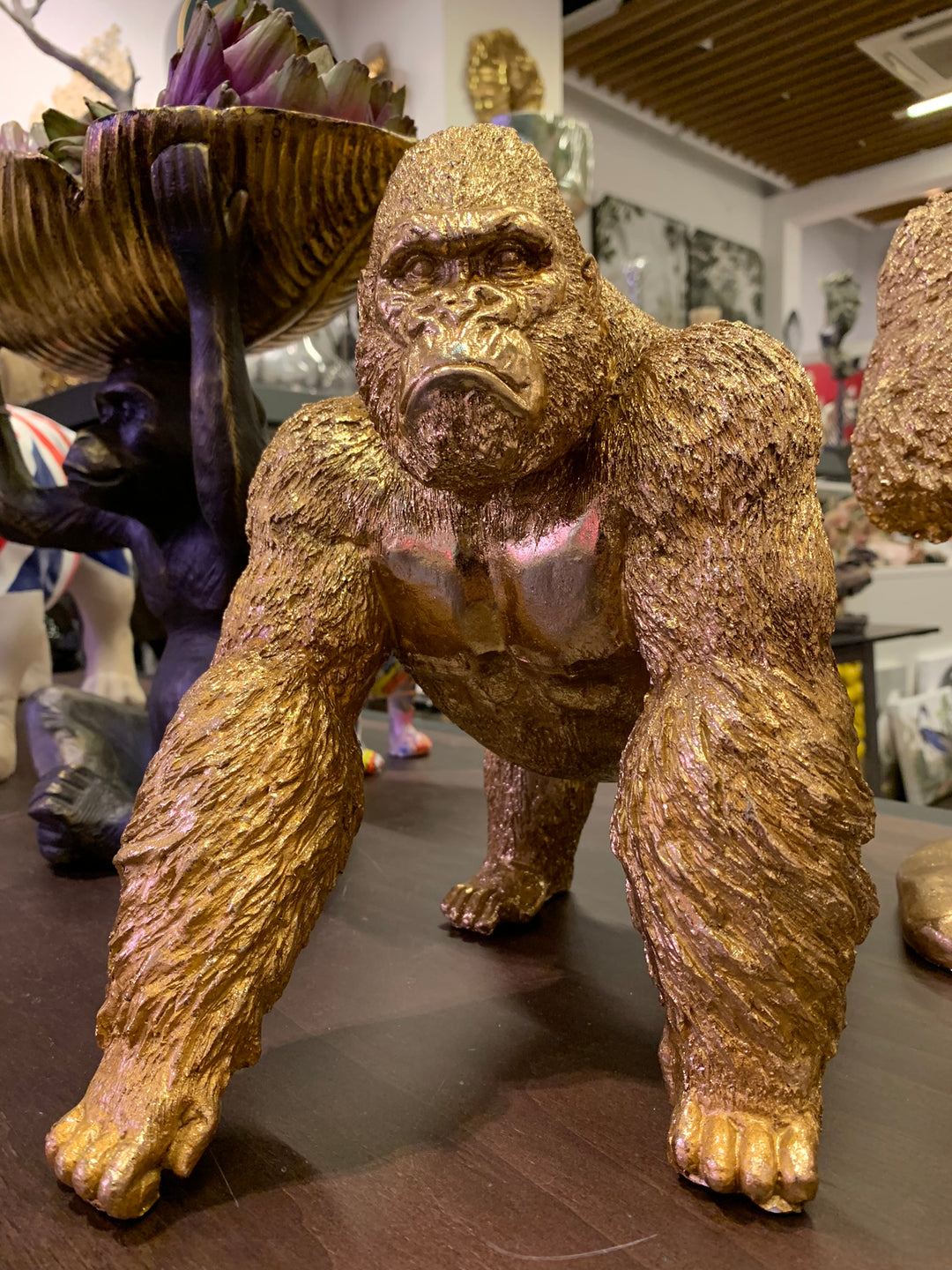 Gorilla Sculpture, Gold Plated Gorilla, 38cm
