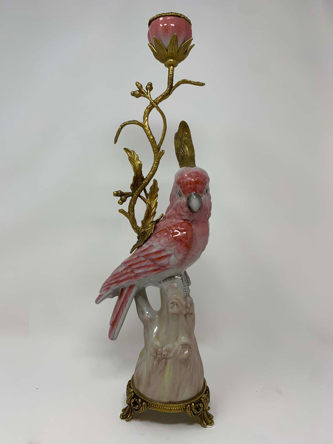Candle Holder Pink Parrot Ceramic and Bronze, Designer Candlestick, Pink Parrot Tapered Candle Stick Holder Ornament Figure Sculpture Decoration