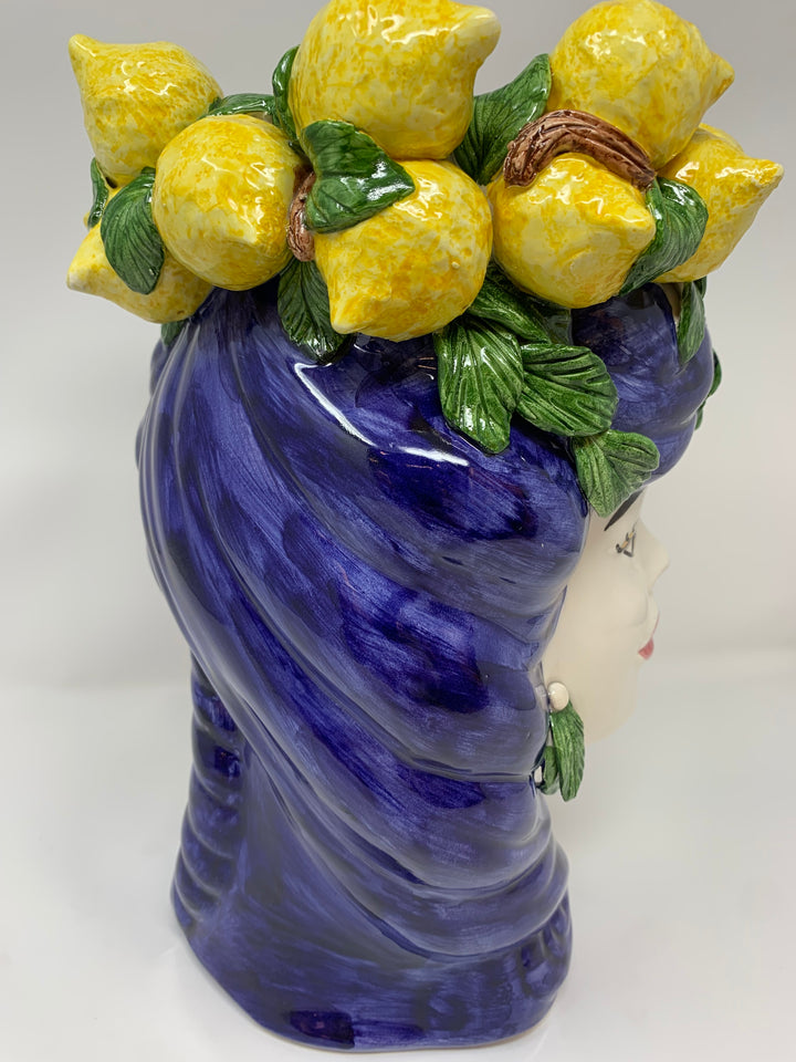 Sicilian Moro Heads, blue yellow lemon head vase 