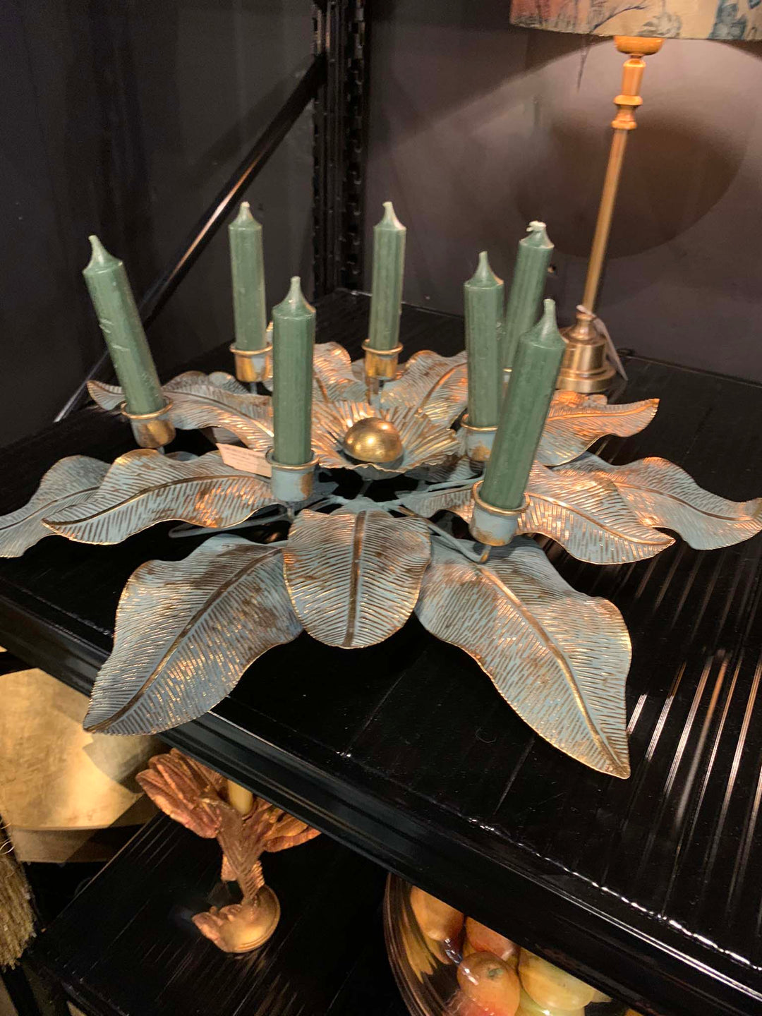 Candle Holder Iron, Antique Gold and Green Leave Candle Holder, 48cm