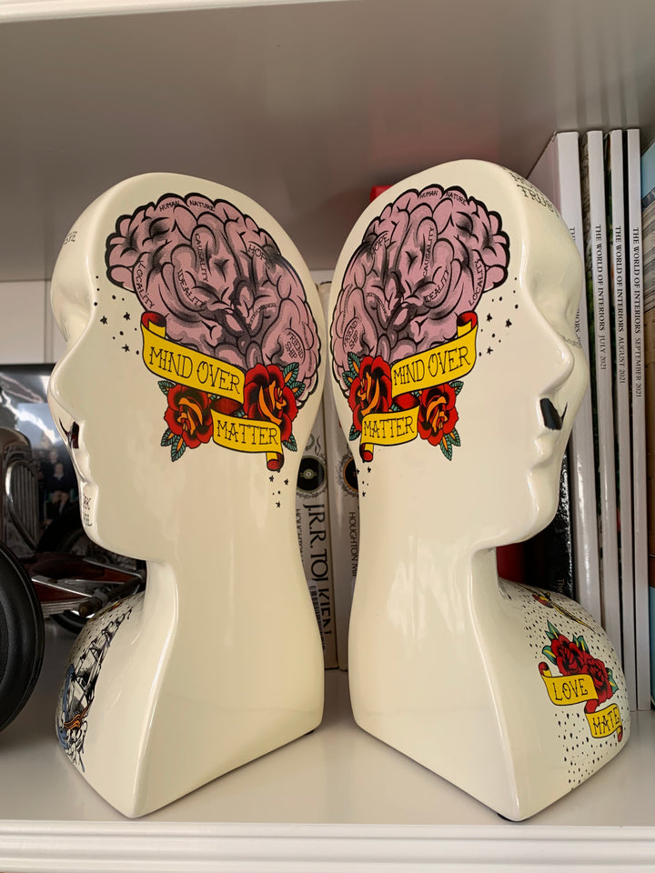 Large Phrenology Head Bookends – Ceramic Bookends