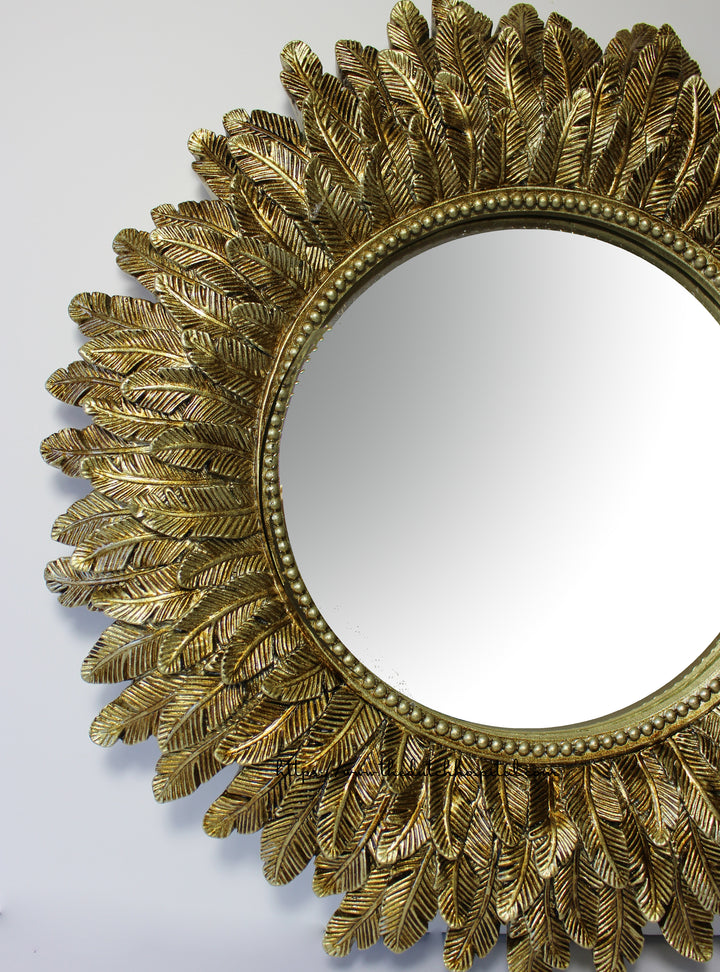 Layered Feathered Mirror – Sunflower Mirror –  Antique Gold Leaf Mirror – Decorative Bathroom Mirror