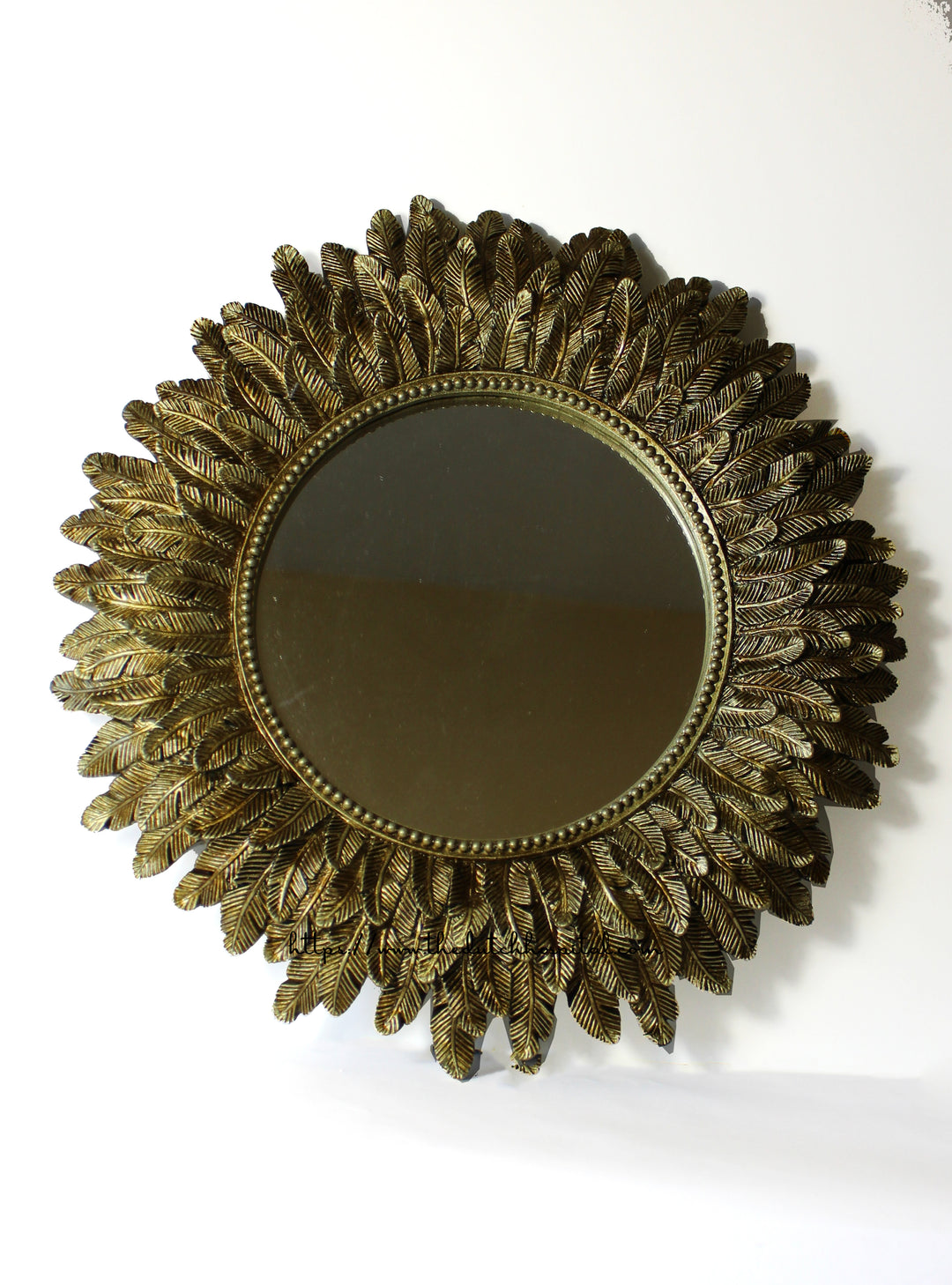 Layered Feathered Mirror – Sunflower Mirror –  Antique Gold Leaf Mirror – Decorative Bathroom Mirror