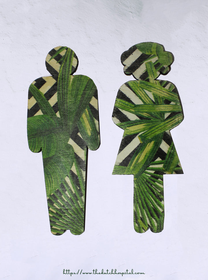 Man and Woman Bathroom Pair - Wooden Bathroom Sign- Tropical Botanical Bathroom Trend